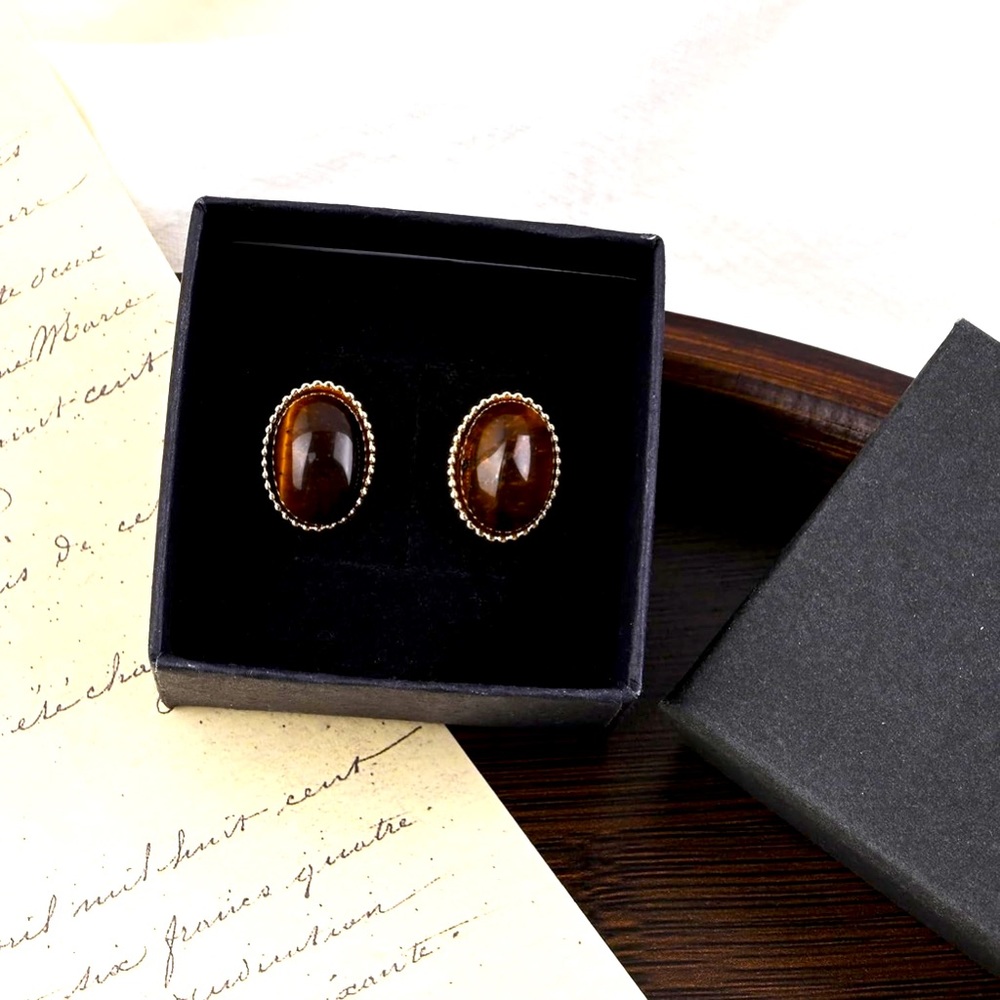 Tiger Eye Earrings Gold Plated Oval Earrings 925 Sterling Silver Stud Earrings